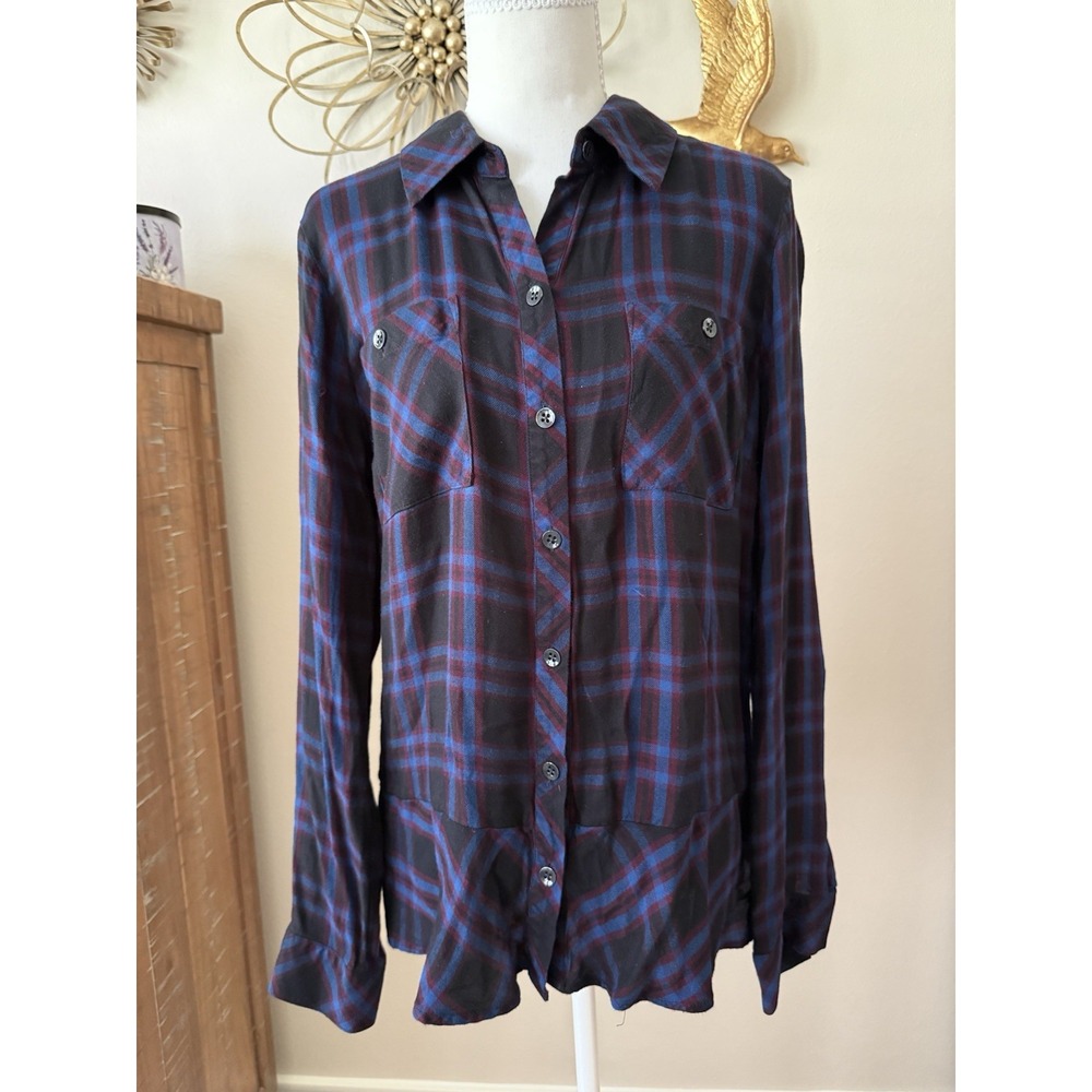 CAbi Blouse M Moody Plaid #3431 Button Front Peplum Hem Long Sleeve Rayon Top